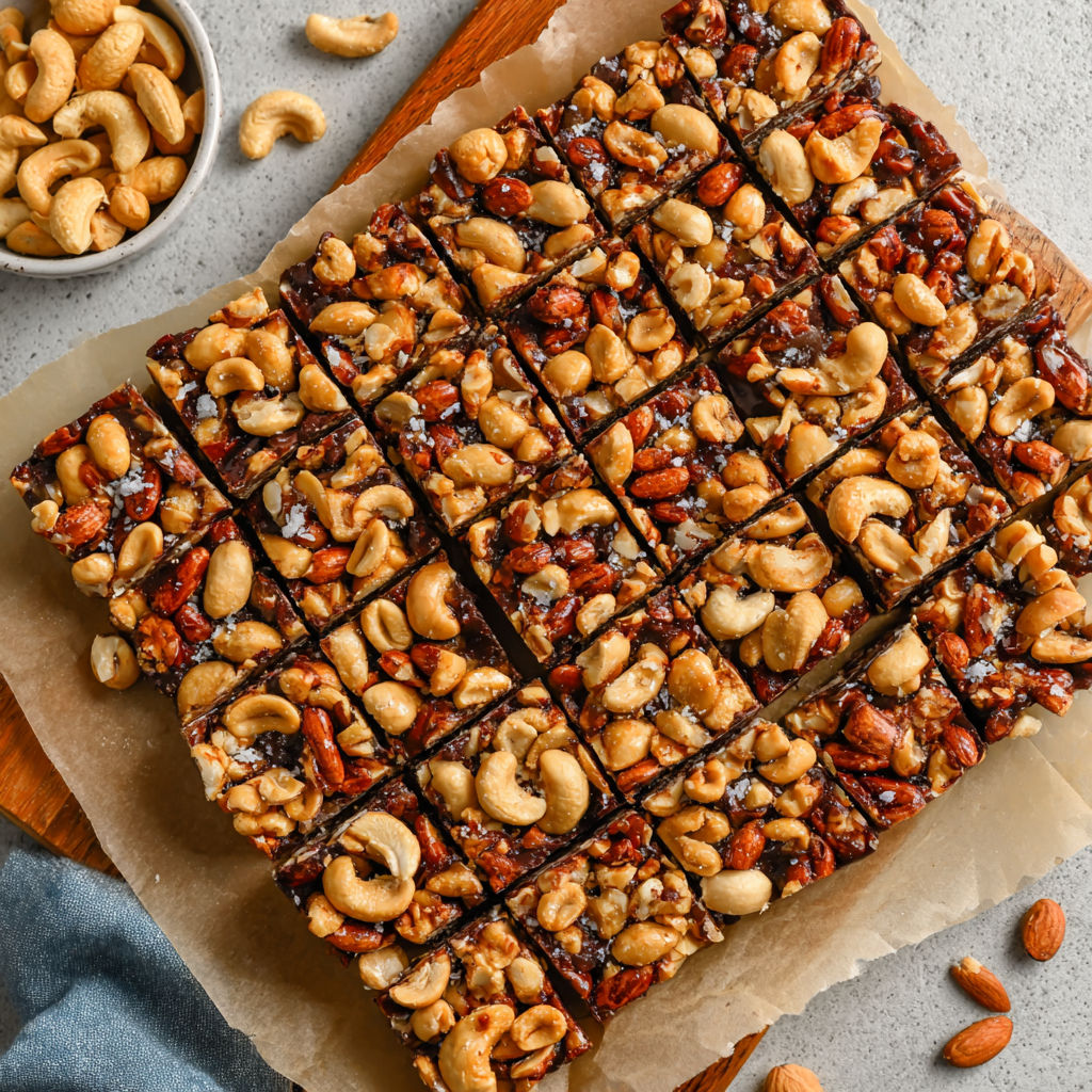 A square of dark chocolate and sea salt nut bars.