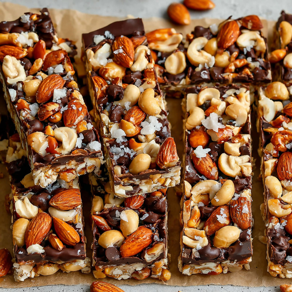A close up of a nut bar with dark chocolate and sea salt.