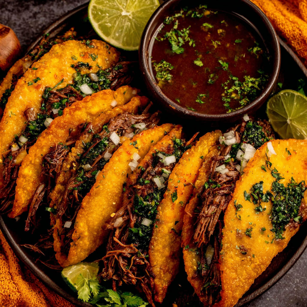 A plate of tacos with meat and lime.