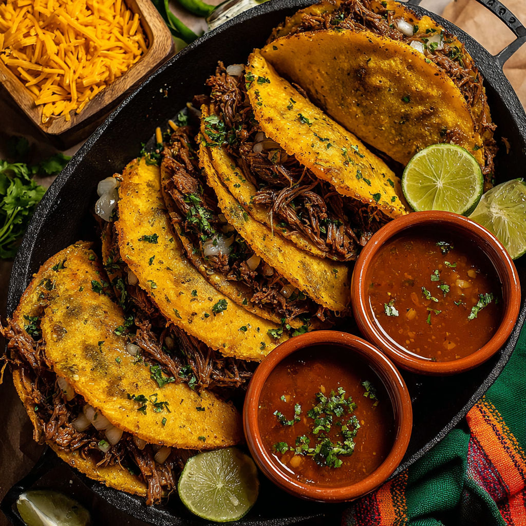 A plate of tacos with meat and sauce.