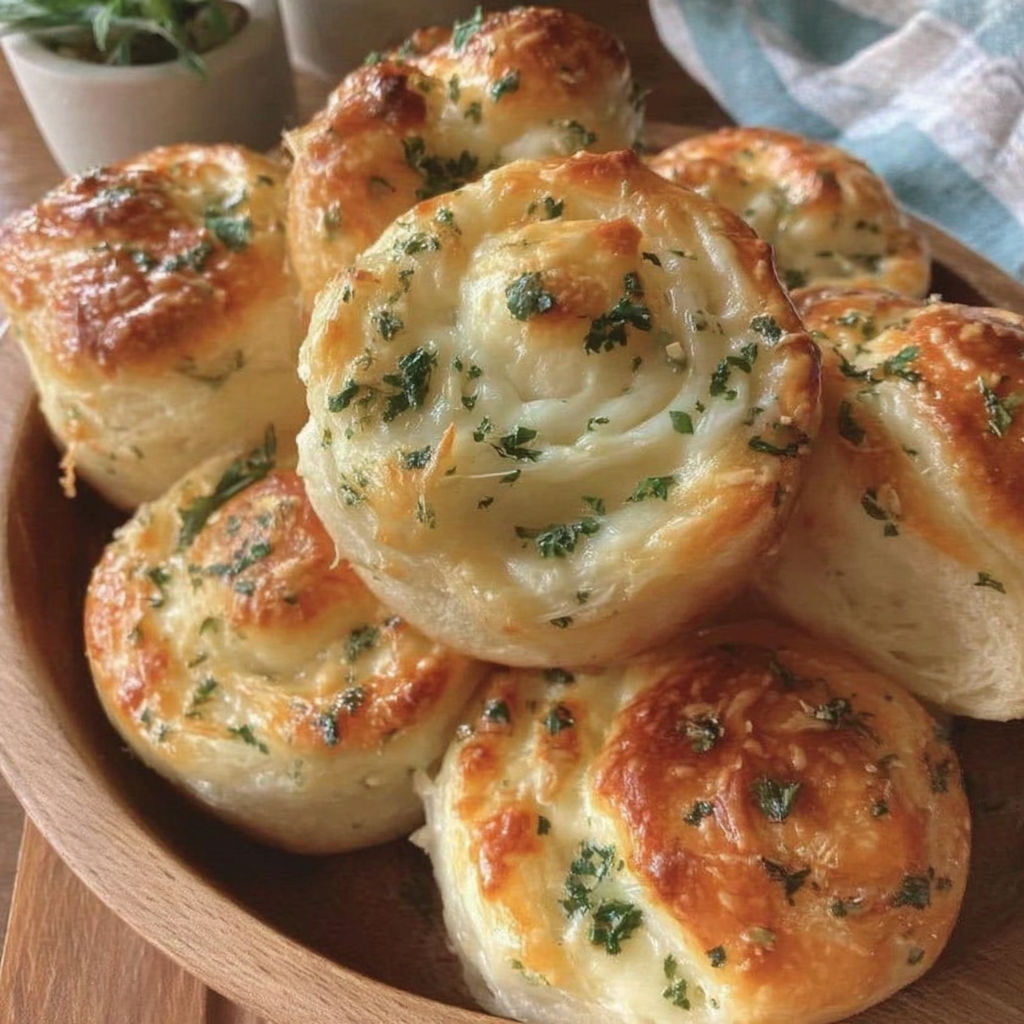 A plate of garlic rolls with cheese on top.