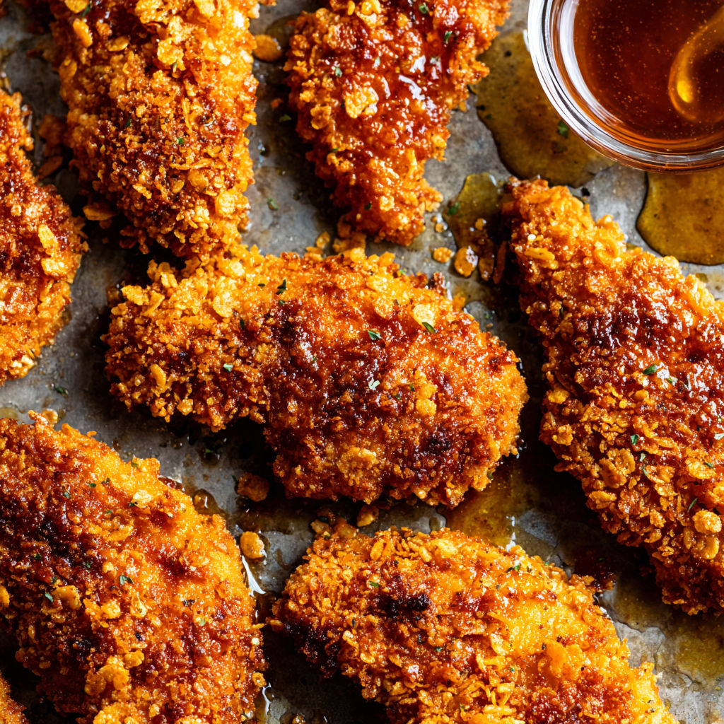 A plate of baked crunchy hot honey chicken.
