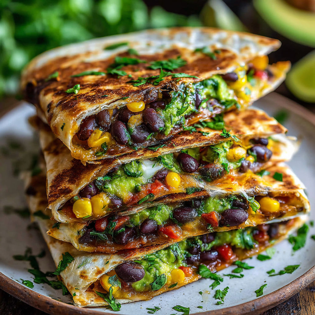 A stack of vegan quesadillas with black beans and avocado.