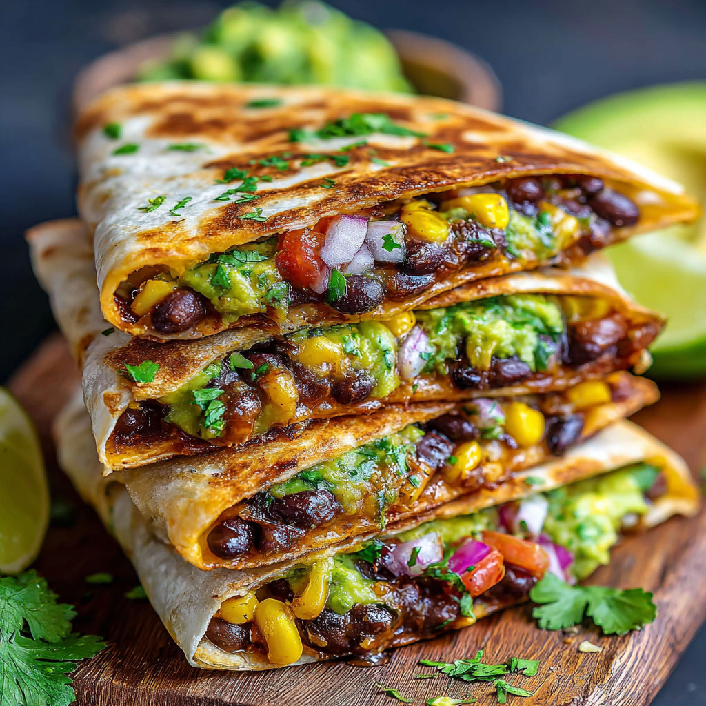 A stack of vegan quesadillas with black beans and avocado.