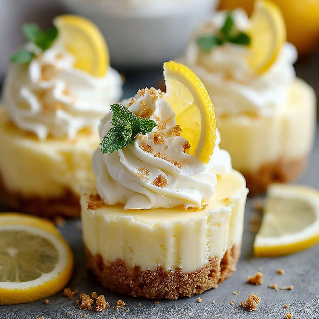 Three mini lemon cheesecakes with whipped cream.