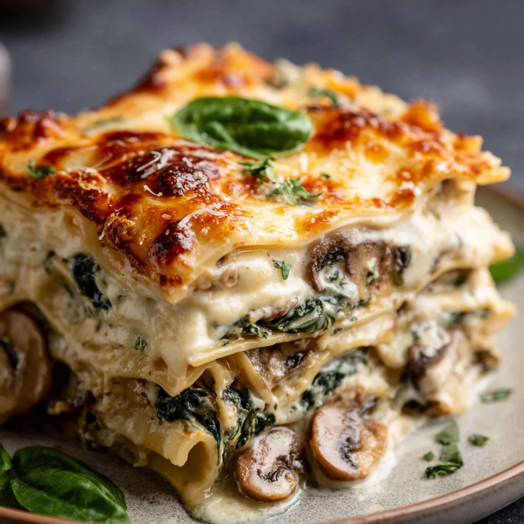 A stack of lasagna with mushrooms and spinach.