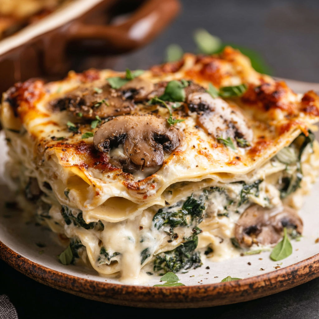 A close up of a delicious mushroom and spinach lasagna.
