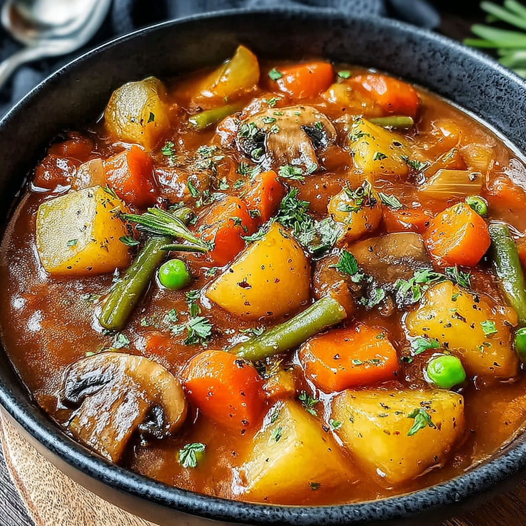 A bowl of stew with vegetables and mushrooms.