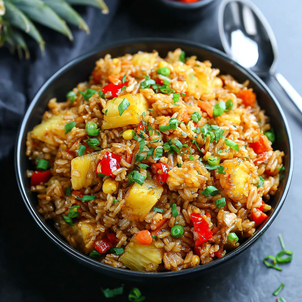 A bowl of rice with pineapple and red peppers.