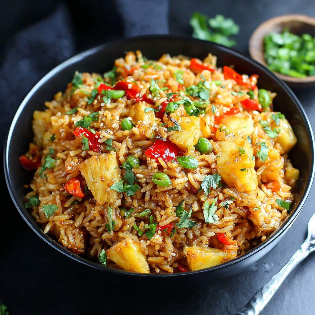 A bowl of rice with peppers and pineapple.
