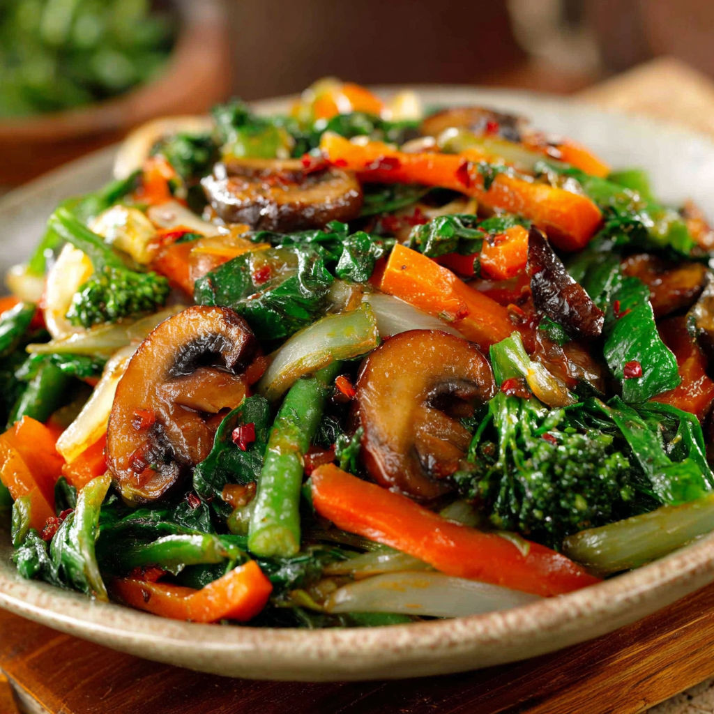 A bowl of sautéed vegetables, including broccoli, carrots, and mushrooms.