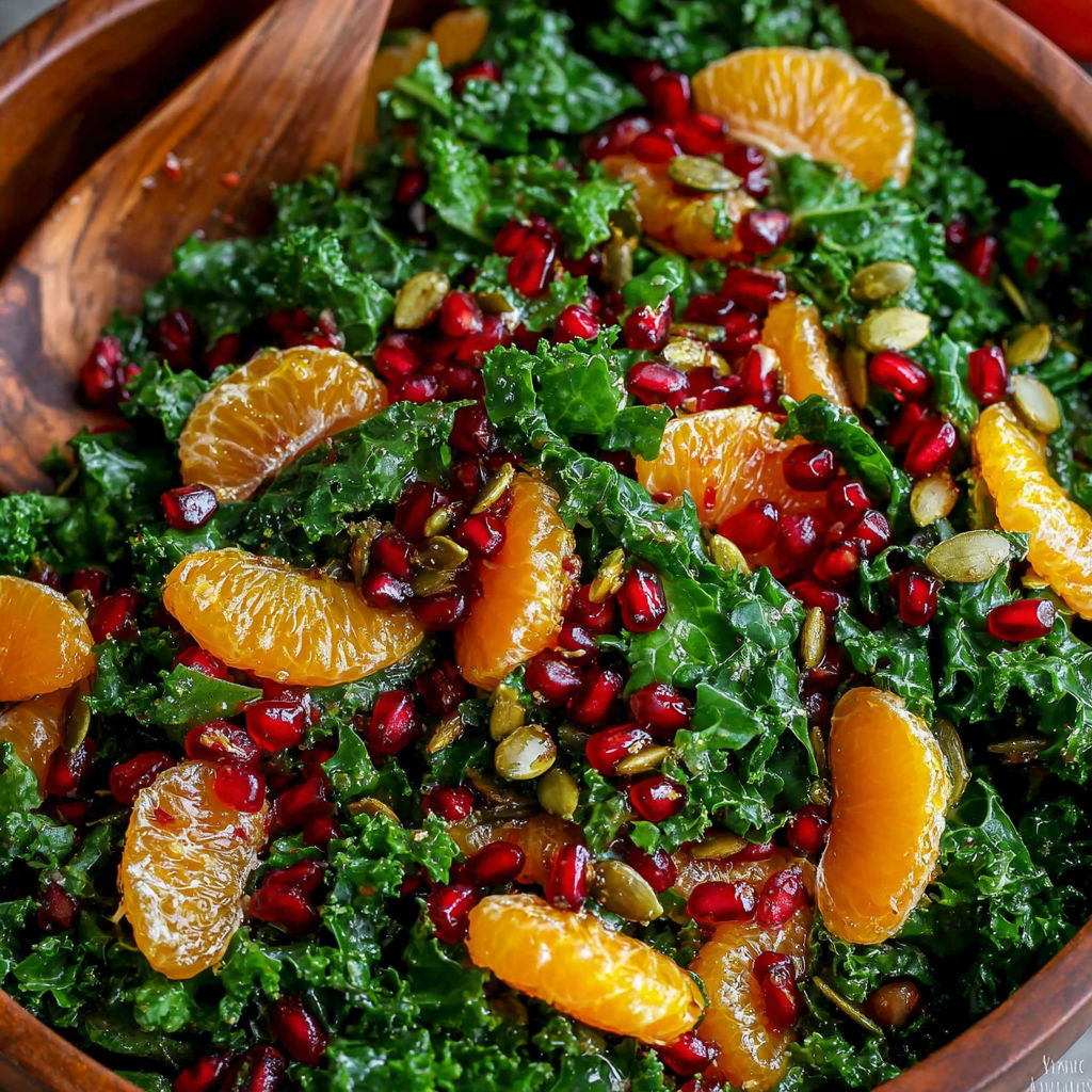 A bowl of salad with oranges, pomegranate, kale, and honey-lemon vinaigrette.