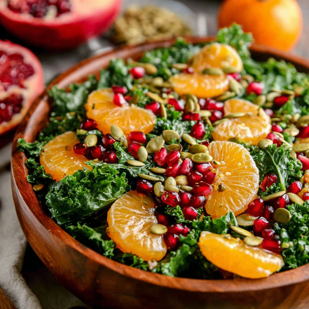 A bowl of salad with pomegranate, kale, and oranges.