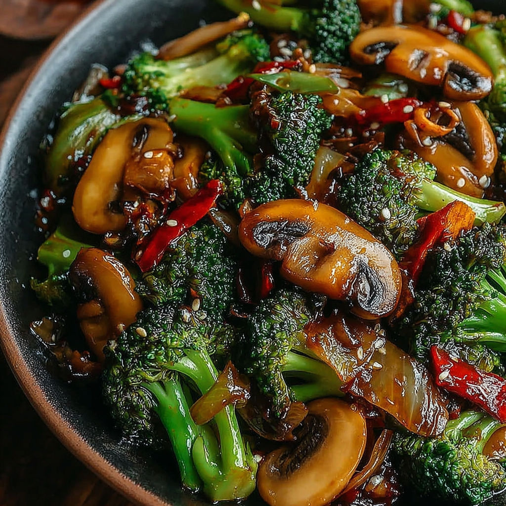A bowl of stir fry with broccoli and mushrooms.