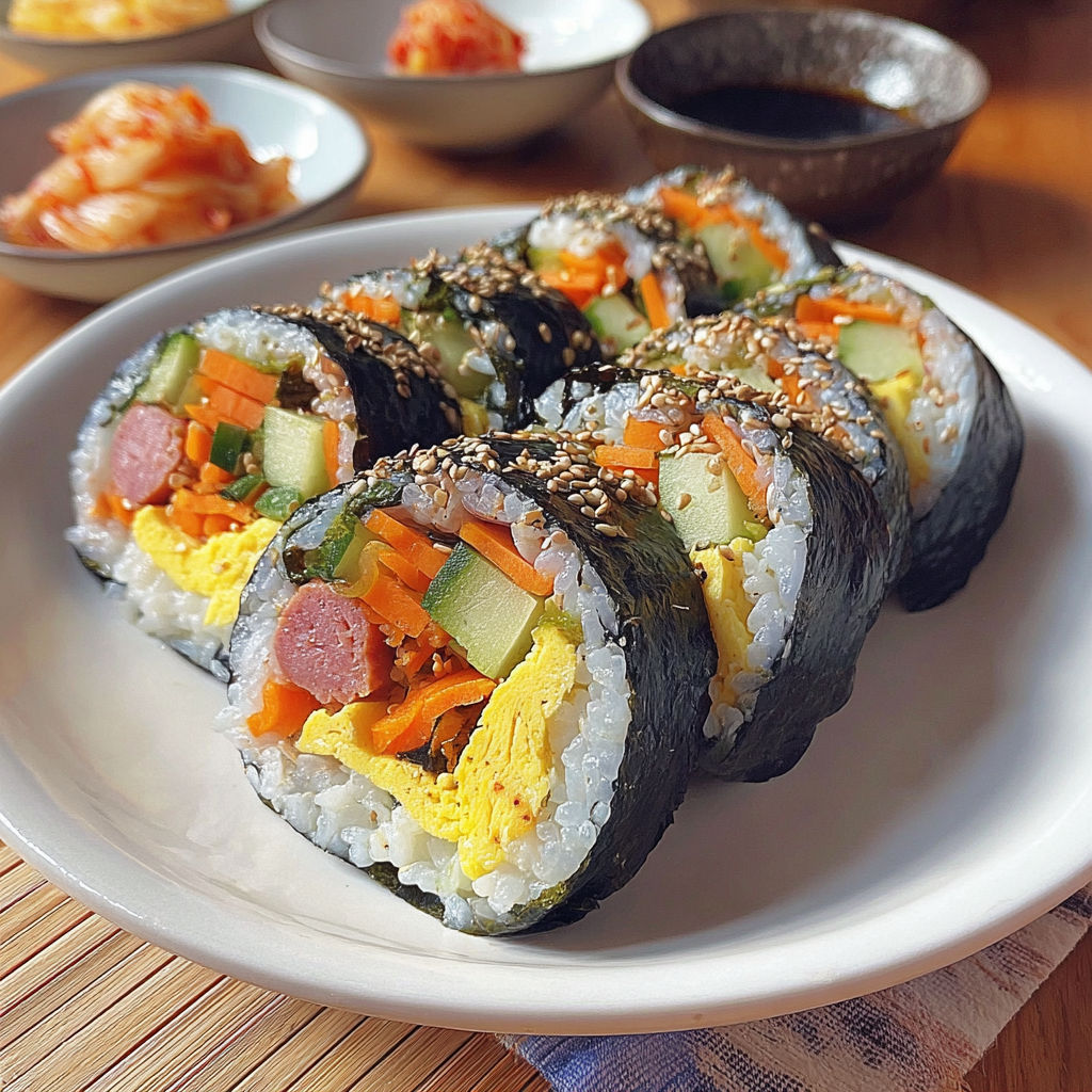 A plate of kimbap with various vegetables and seaweed.