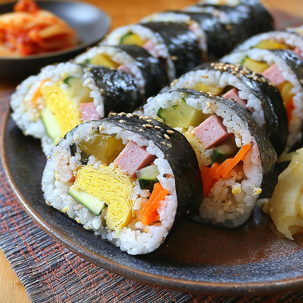 A plate of kimbap with various vegetables and meat.