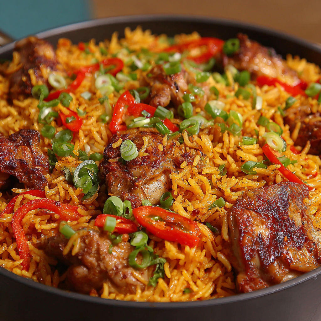A bowl of rice with meat and vegetables.
