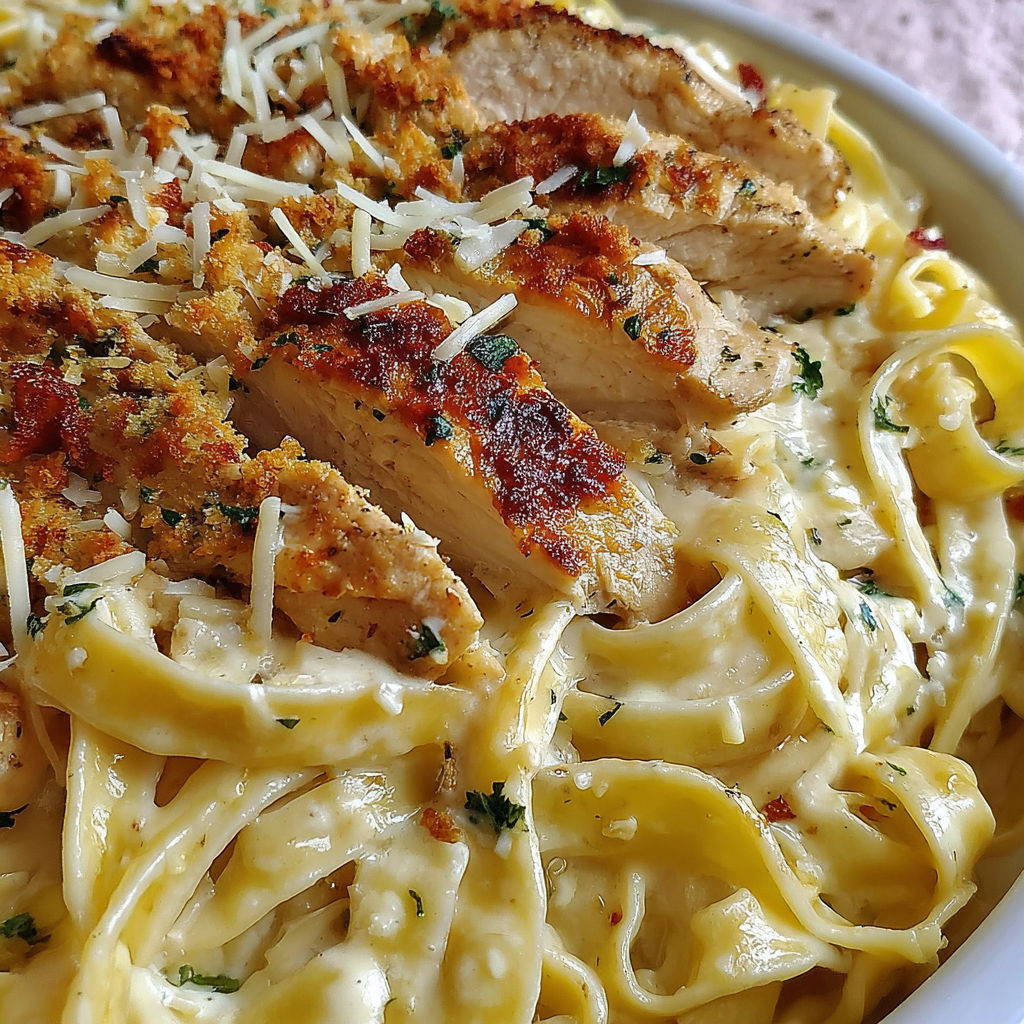A bowl of chicken alfredo pasta.