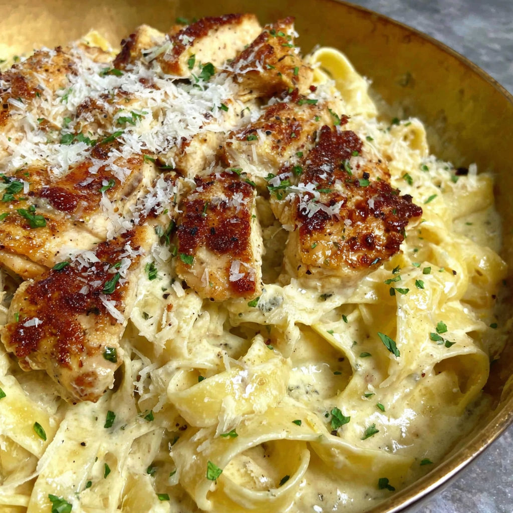 A bowl of chicken alfredo pasta.