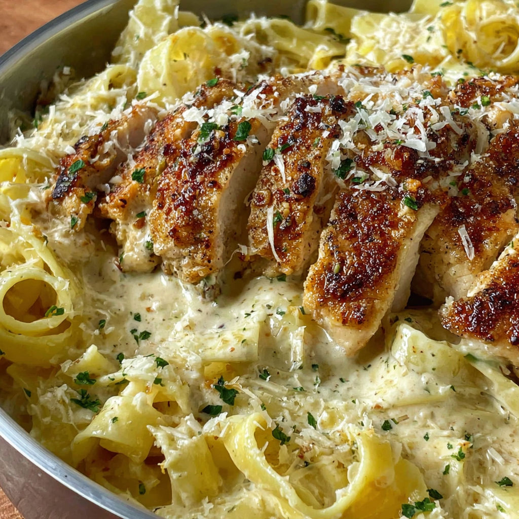 A delicious chicken Alfredo pasta dish.