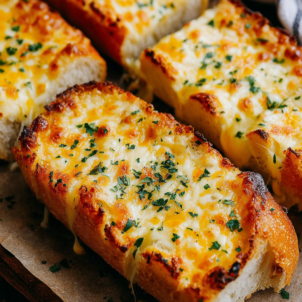 Two slices of garlic bread with cheese.