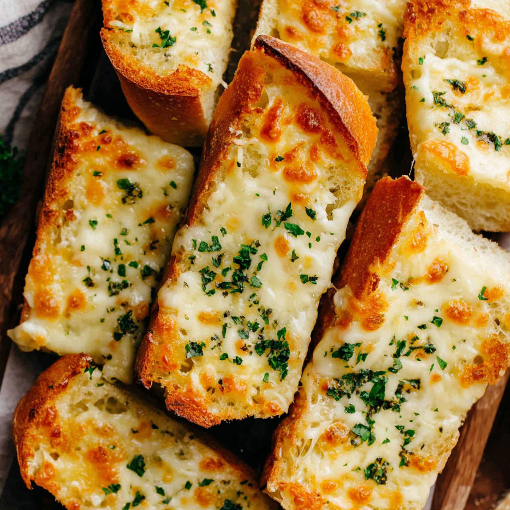 A wooden tray with garlic bread.