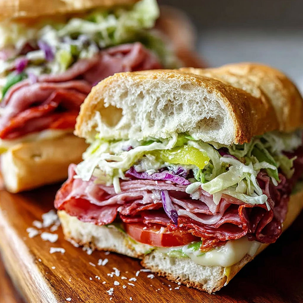 A sandwich with meat and vegetables on a wooden table.