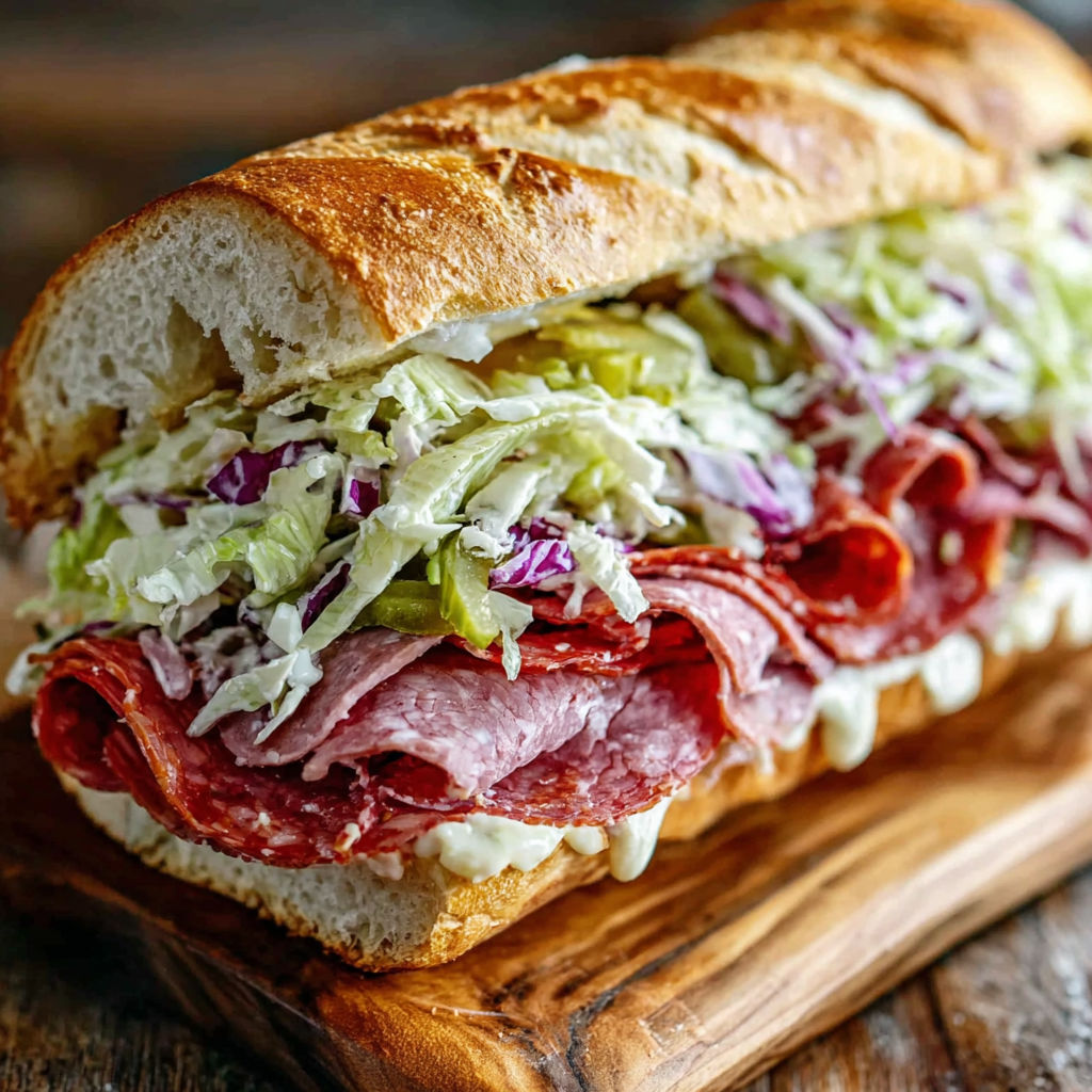 A large Italian grinder salad sandwich with meat, lettuce, and tomatoes.