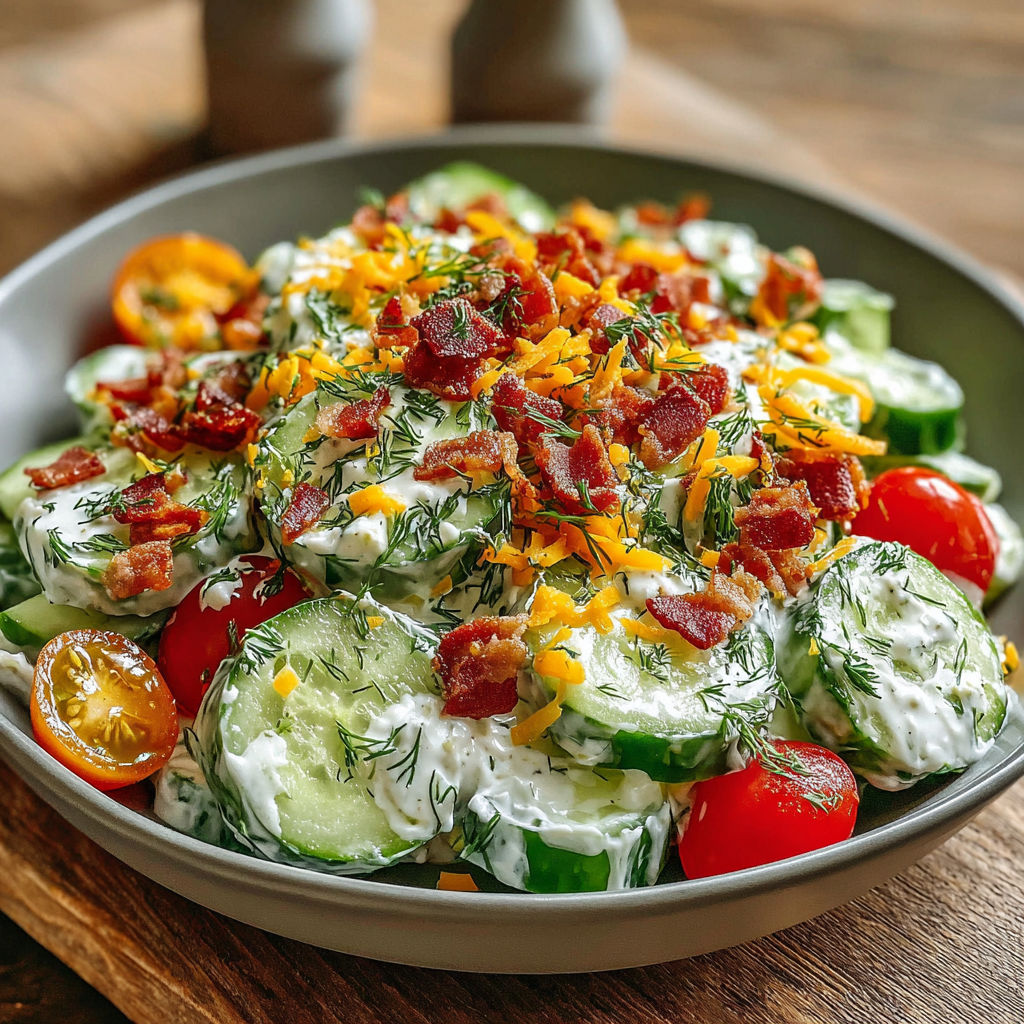 A bowl of cucumber ranch crack salad.