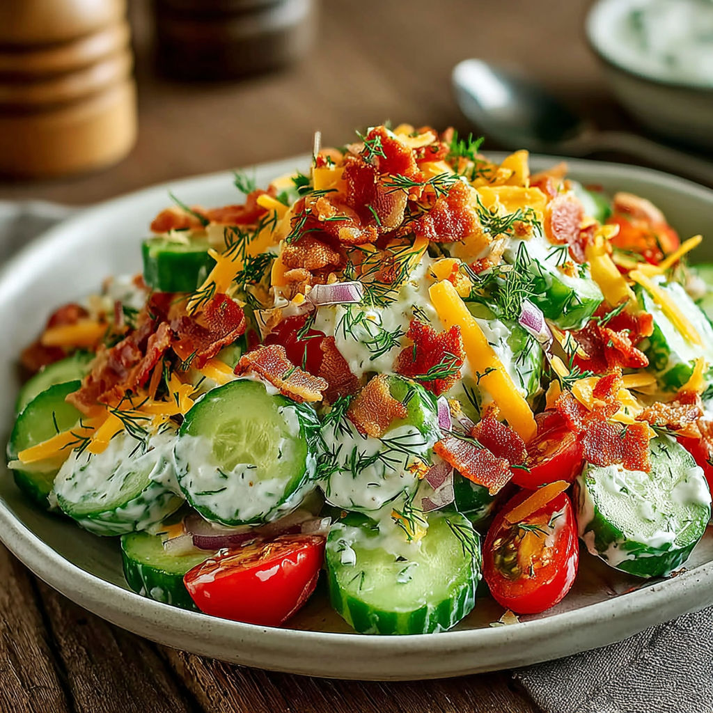 A plate of food with cucumbers, tomatoes, and cheese.