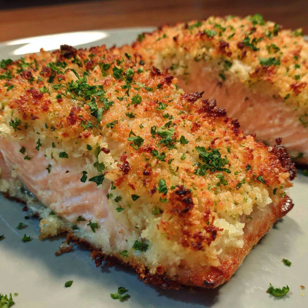 A piece of crispy parmesan crusted baked salmon.