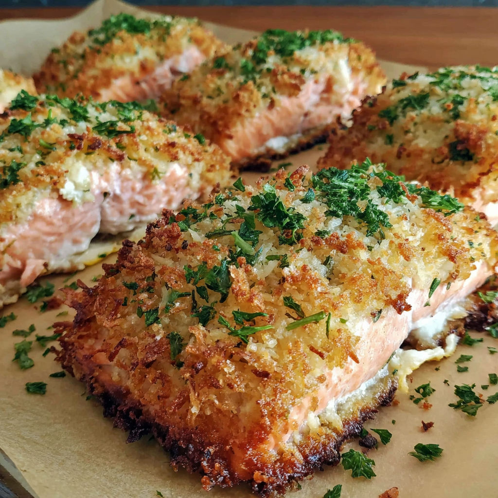 A plate of crispy Parmesan crusted baked salmon.