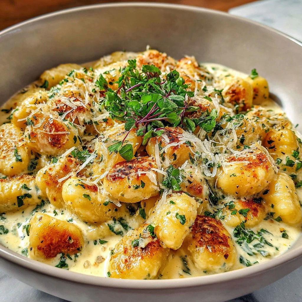 A bowl of gnocchi with a creamy sauce.