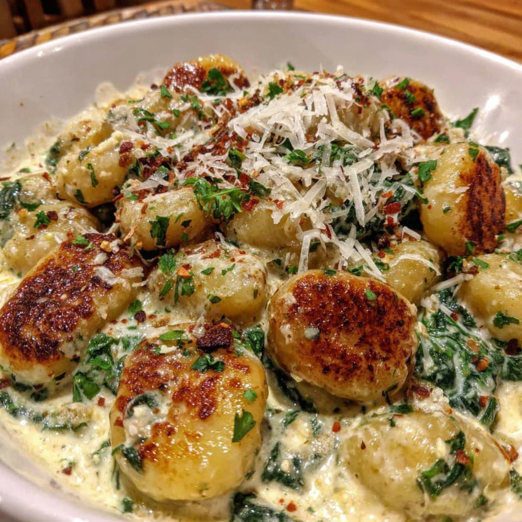 A bowl of gnocchi with a creamy sauce.