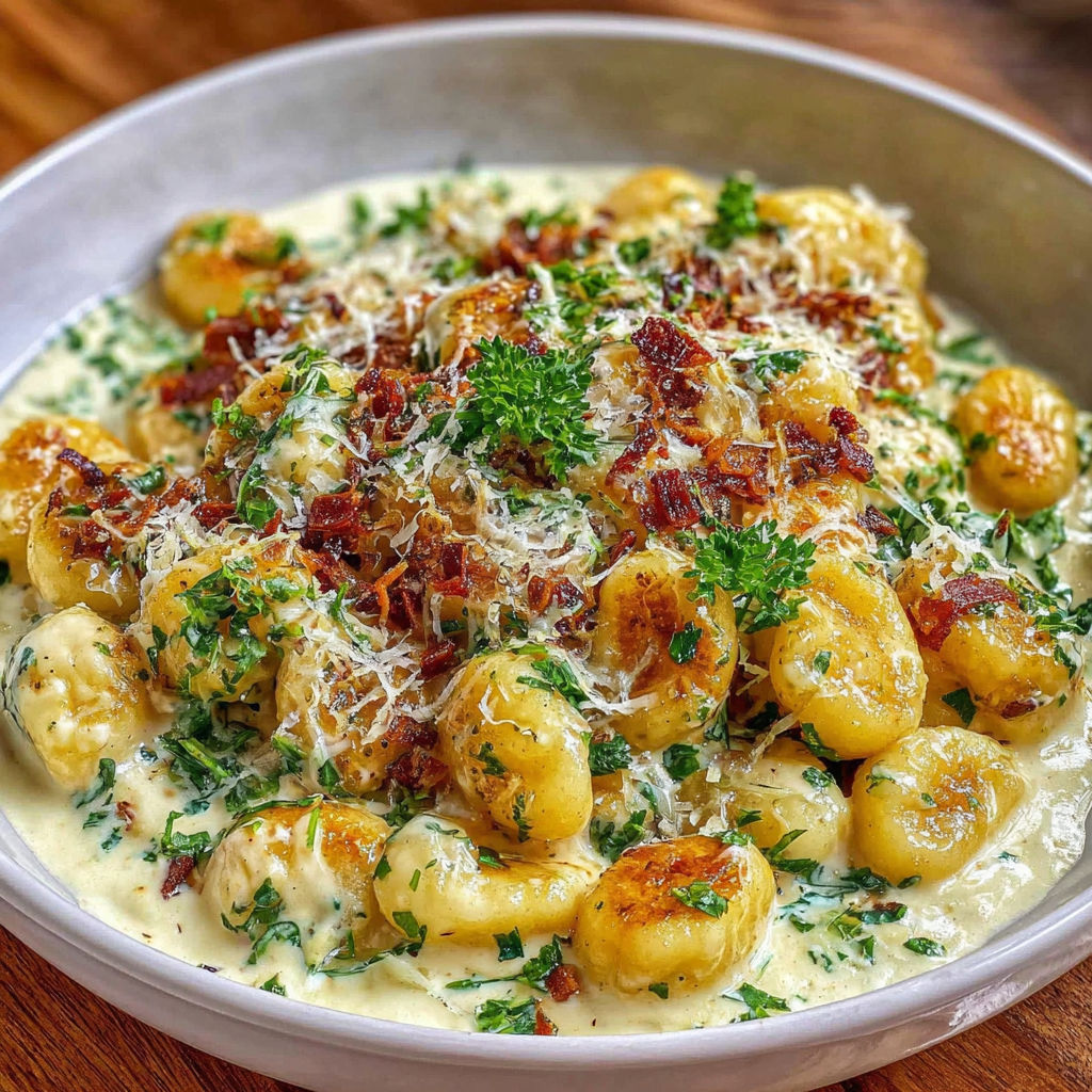 A bowl of gnocchi with a creamy sauce.