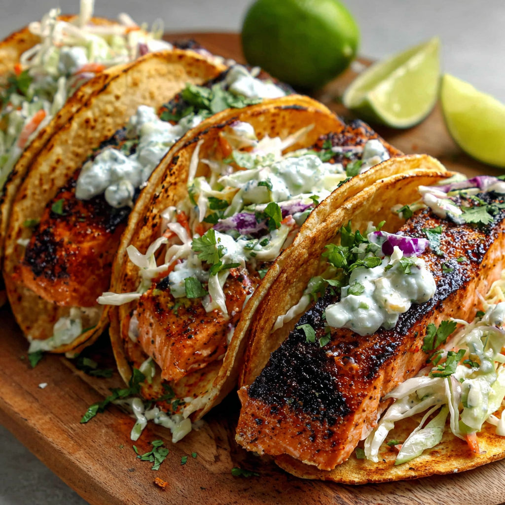 A plate of air fryer salmon tacos with slaw.