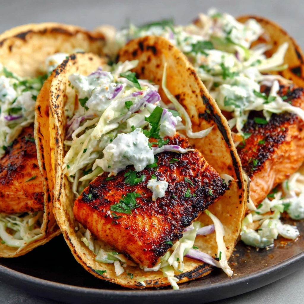 A plate of air fryer salmon tacos with slaw.