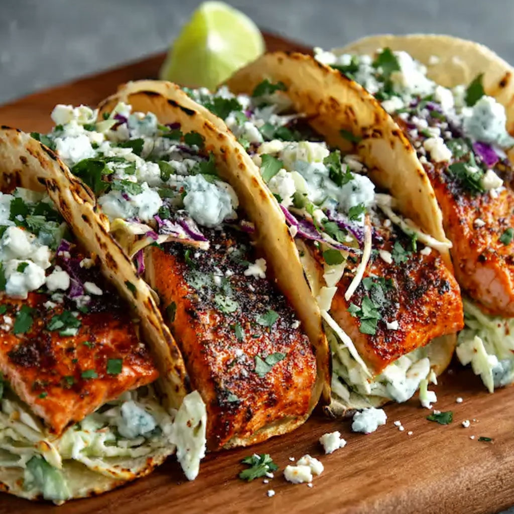 A plate of salmon tacos with blue cheese and slaw.