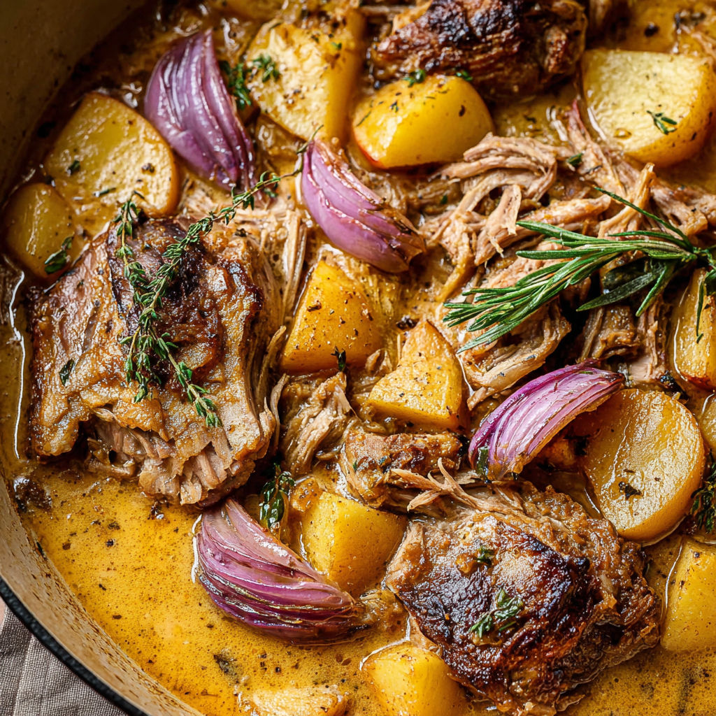 A close up of a delicious looking meal of pork shoulder and potatoes.
