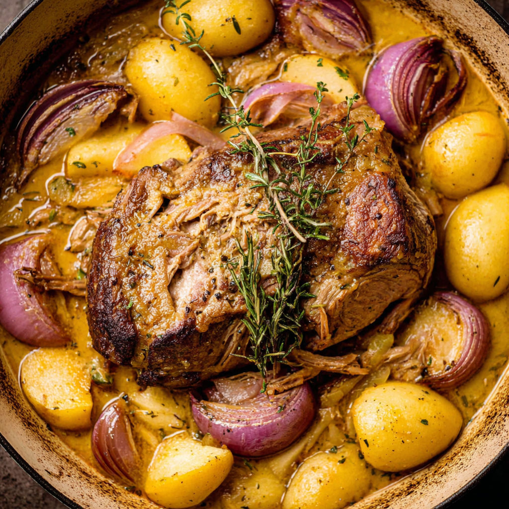 A close up of a pork shoulder in a stew.