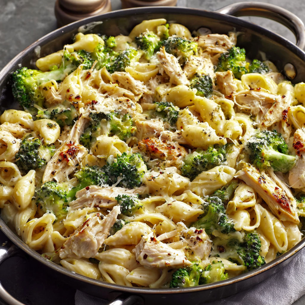 A dish of creamy rotisserie chicken, broccoli, and pasta.