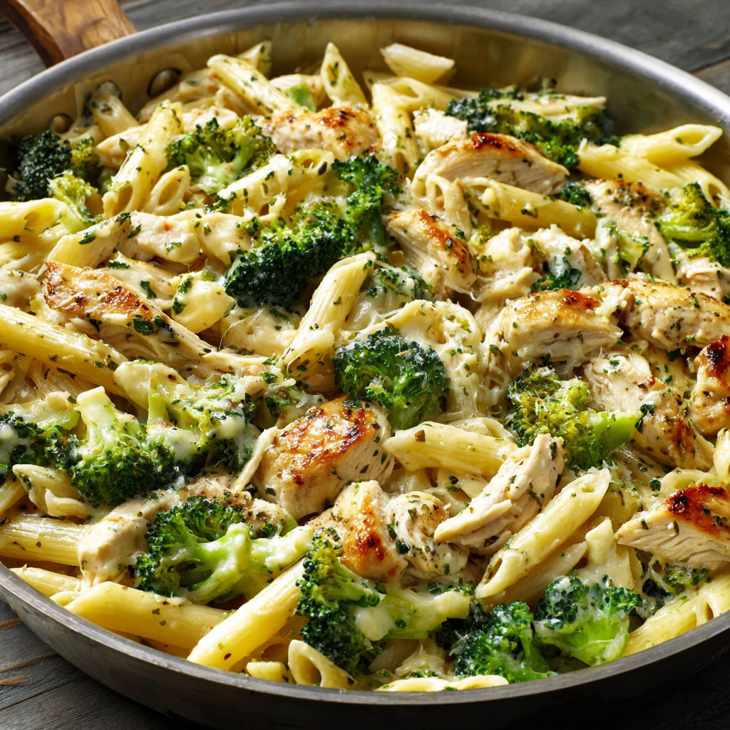 A pan of creamy rotisserie chicken, broccoli, and pasta.
