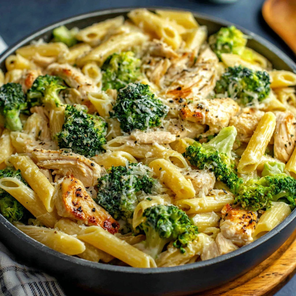 A delicious meal of creamy rotisserie chicken, broccoli, and pasta.