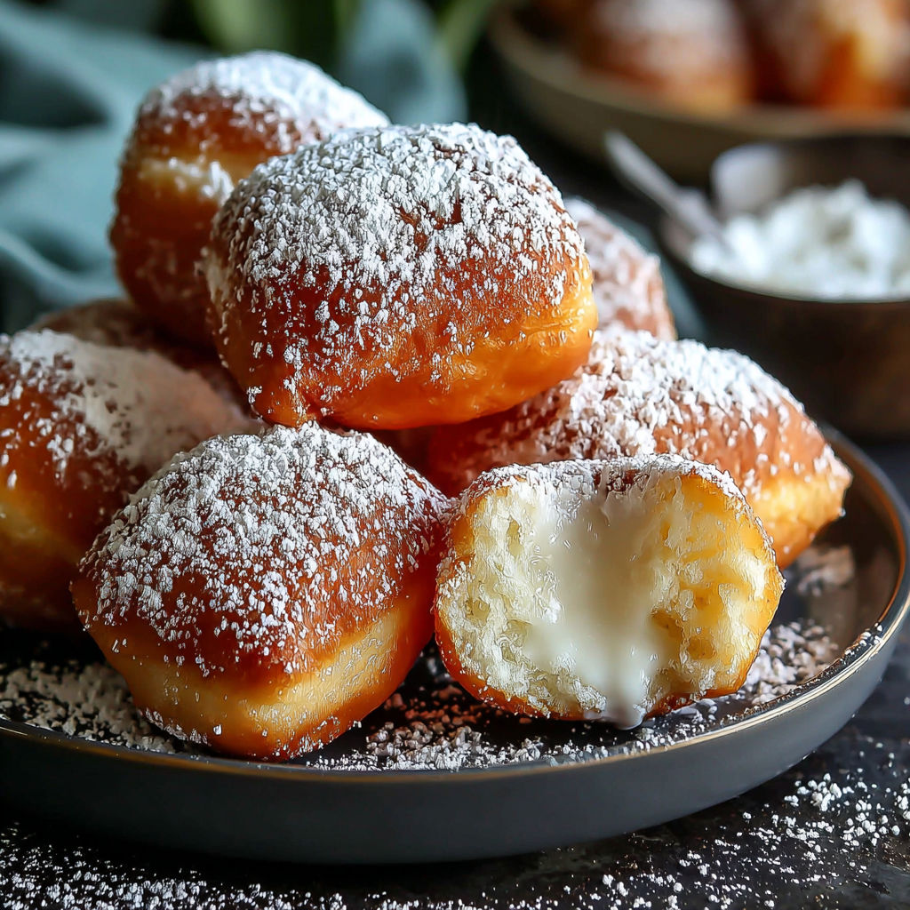 A plate of vanilla french beignets with powdered sugar.