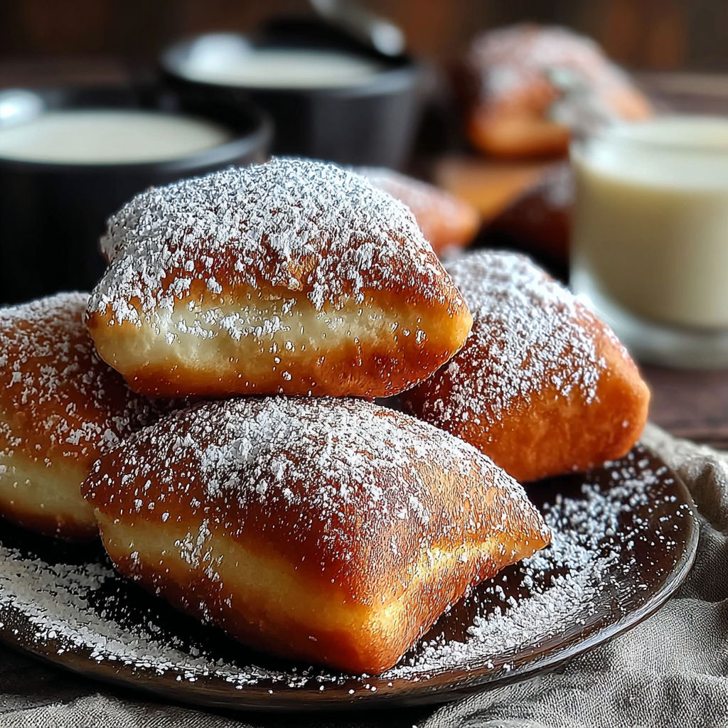 A plate of powdered sugar covered beignets.