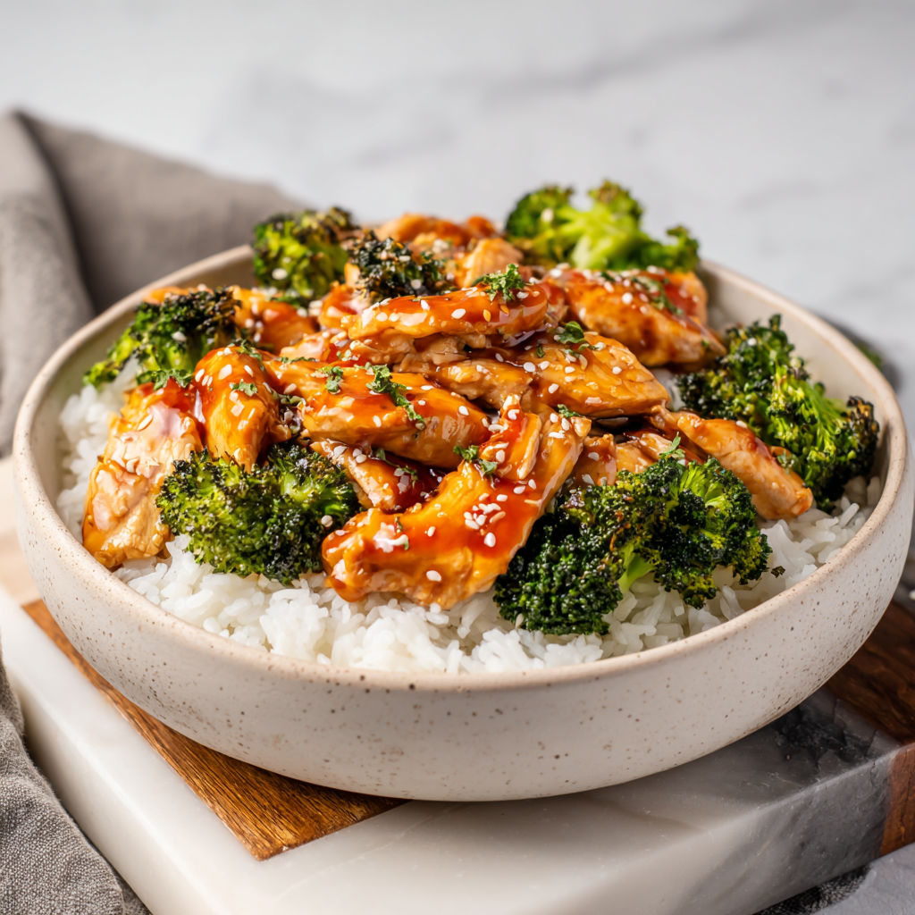 A bowl of chicken and broccoli with a sauce.