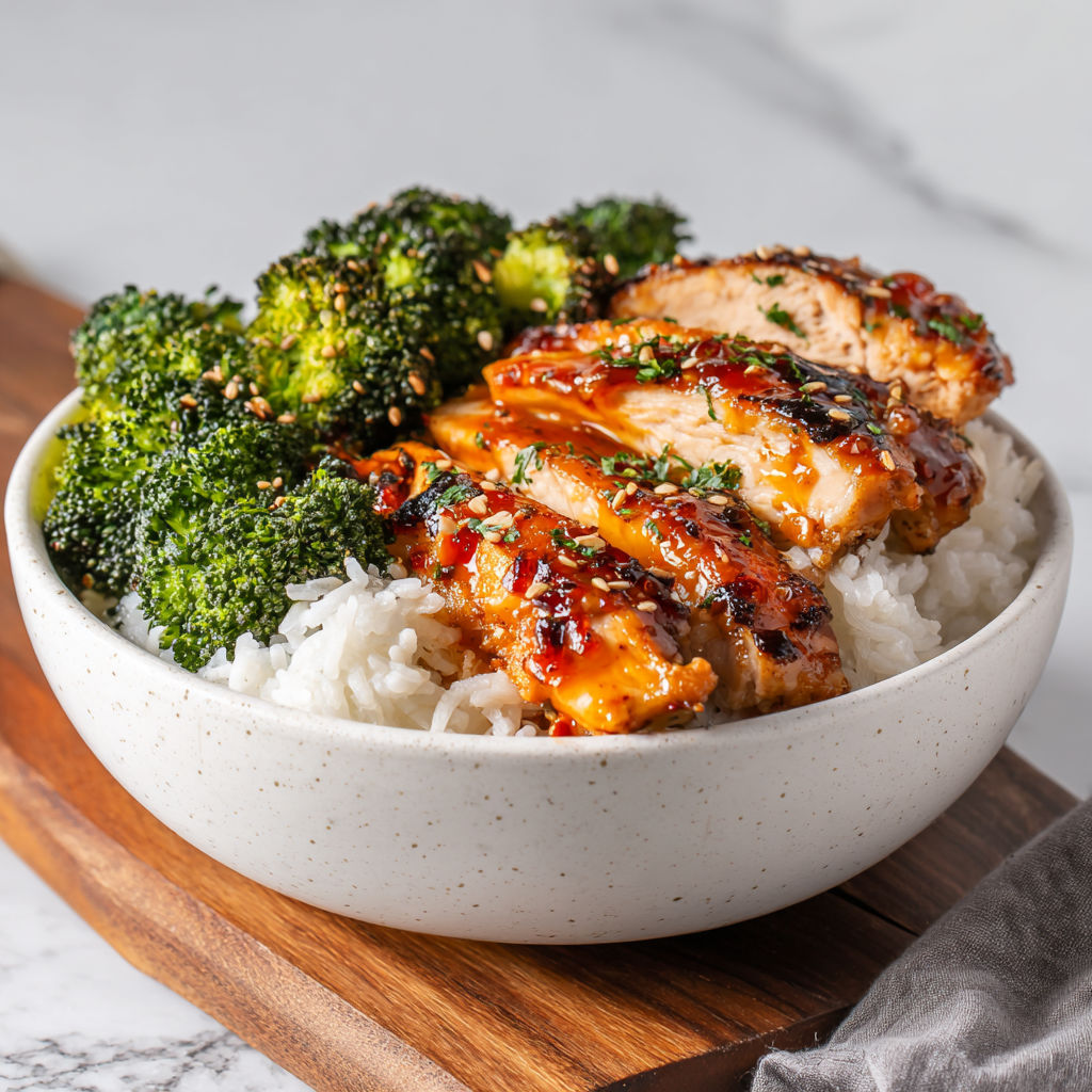A bowl of rice with chicken and broccoli.