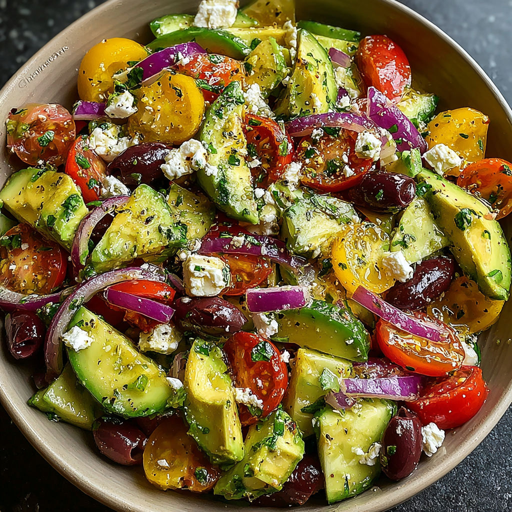 A bowl of zesty Mediterranean avocado salad.