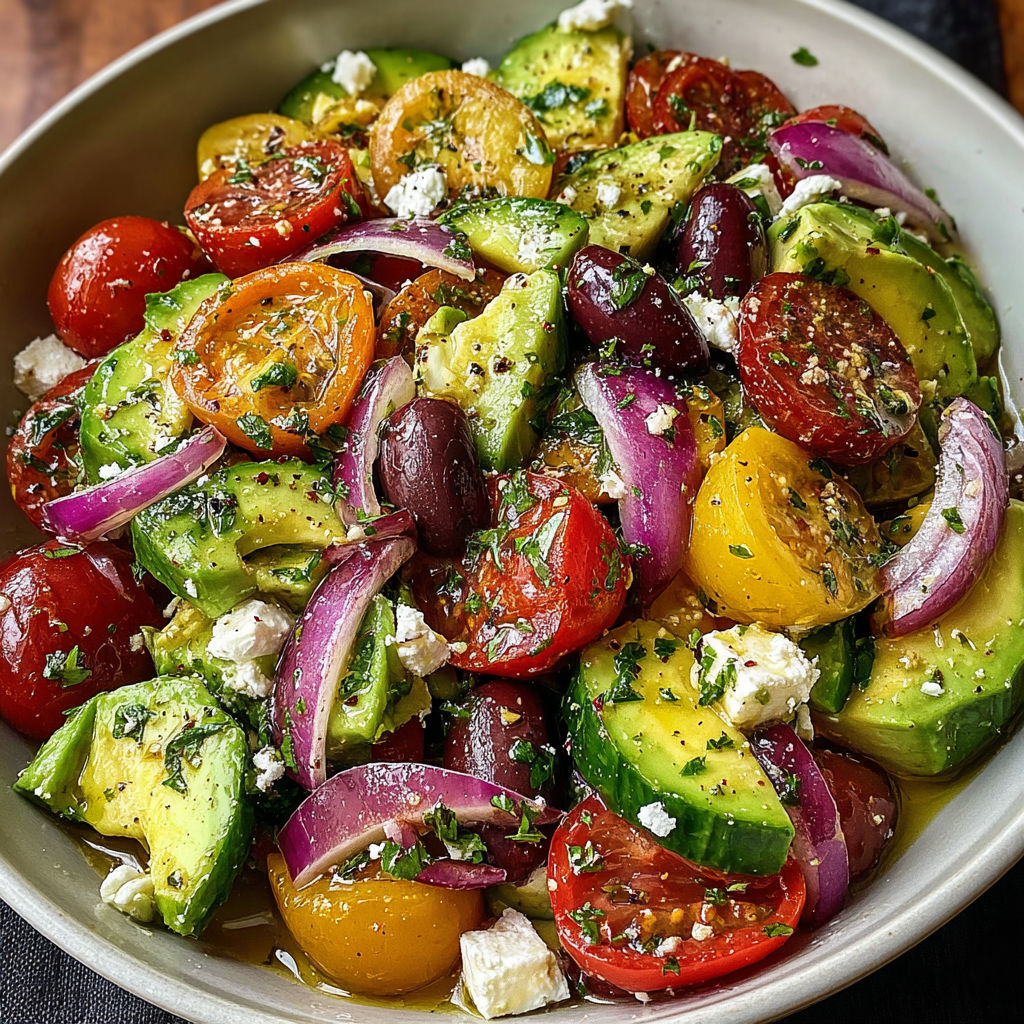 A bowl of fresh vegetables including tomatoes, cucumbers, onions, and avocados.