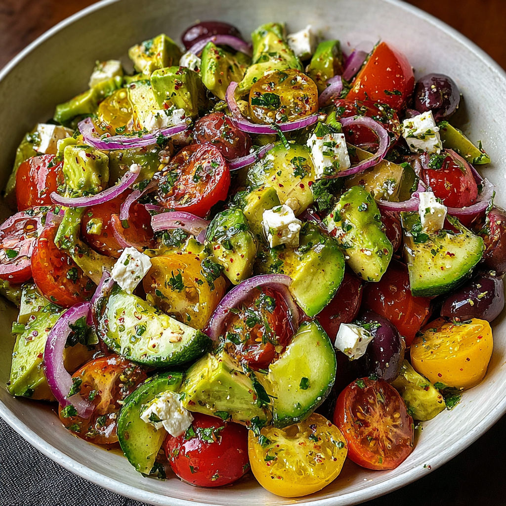 A bowl of vegetables with tomatoes, cucumbers, onions, and olives.